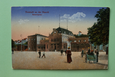 Postcard PC Neustadt Haardt Weinstrasse 1919 railway station square Town architecture Rheinland Pfalz
